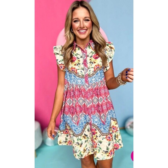 Mix Print Floral Shirtdress Ruffle Sleeve Button Down Boho Hippy Retro L? - Picture 1 of 3